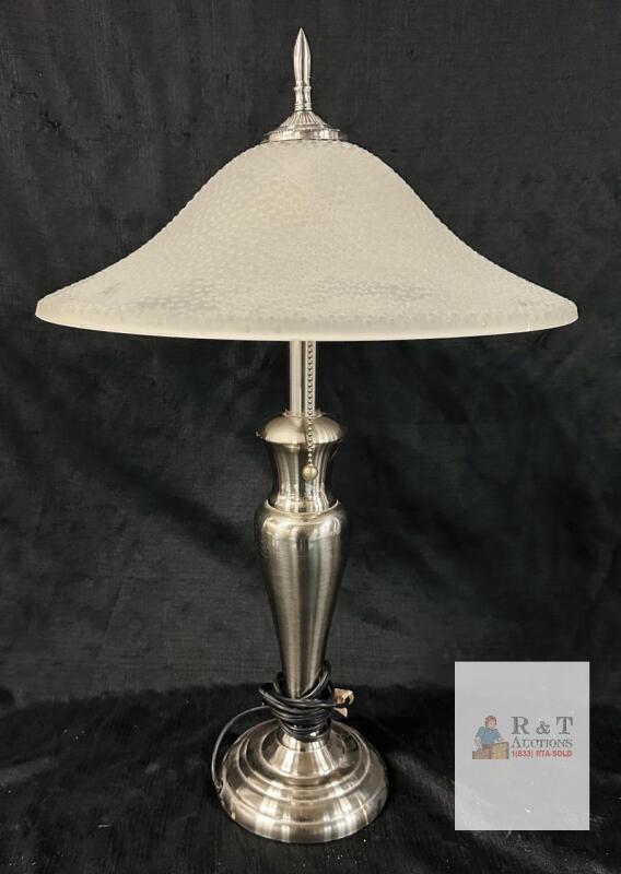Brushed Nickel Dual-Socket Table Lamp, Frosted Glass Shade, APPROX 20" Tall, UL E123788L, 40W Max