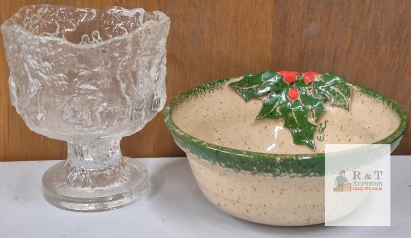 Vintage Pressed Glass Textured Compote and Signed ESC Hand-Painted Holiday Ceramic Bowl