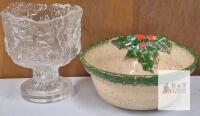 Vintage Pressed Glass Textured Compote and Signed ESC Hand-Painted Holiday Ceramic Bowl