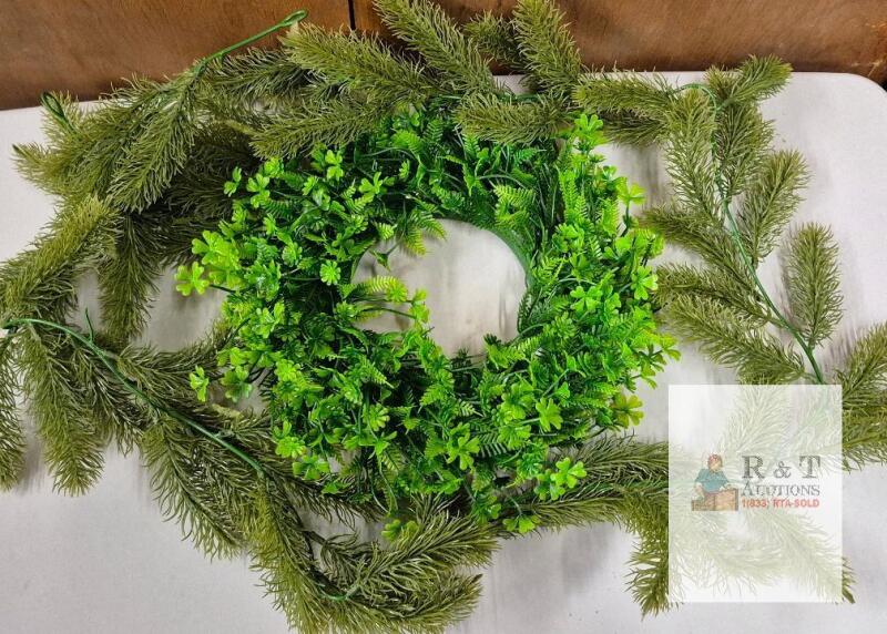 NEW Artificial Pine Garland and 18" Leafy Green Wreath Set, Plastic, Flexible, 6 ft Garland Length