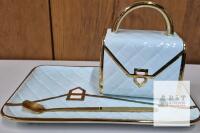 Handbag-Inspired Porcelain Coffee Cup Set with Gold Spoon & Tray, Fashion Motif, 8oz