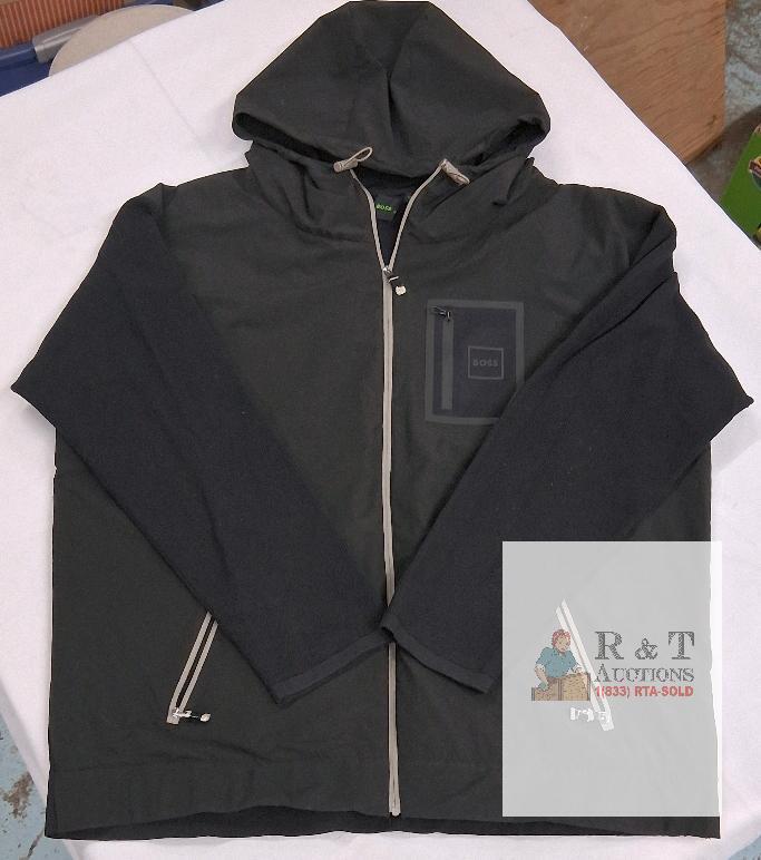 Size XXL BOSS Black Hooded Jacket &ndash; Full Zip, Chest Pocket, Contrast Zippers, Long Sleeve, Athleisure Style