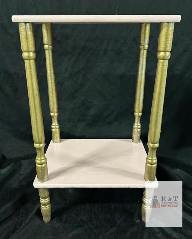 Small Vintage Two-Tier Side Table, Pink & Gold, Wood, 19" Tall x 13" Wide, Turned Legs