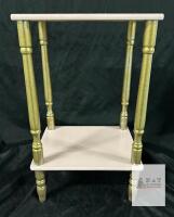 Small Vintage Two-Tier Side Table, Pink & Gold, Wood, 19" Tall x 13" Wide, Turned Legs