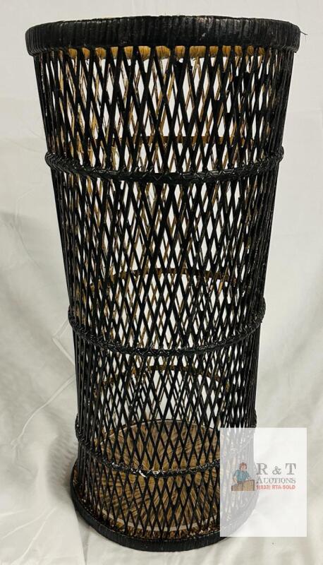 Handmade Bamboo Rattan Woven Basket, 11.5"x21", Black Decorative Storage or Waste Bin, Spiral Bottom