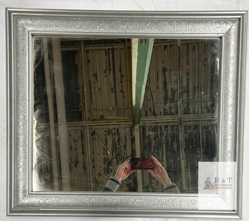 Ornate Silver Framed Wall Mirror MXE24MR, 28"x30", Wire Mount, Embossed Pattern