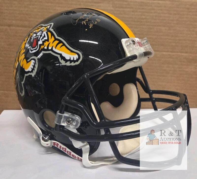 AUTOGRAPHED Hamilton Tiger-Cats Riddell Full Size Helmet Signed by Angelo Mosca #68, Black, Display Tag