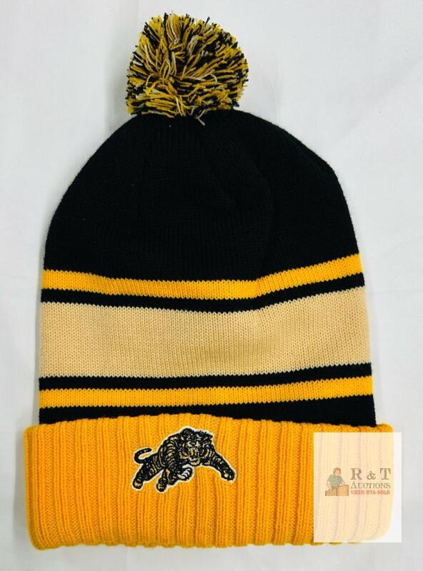 Black and Gold Knit Pom Beanie, Tiger Embroidered Logo, Acrylic, Adult One Size