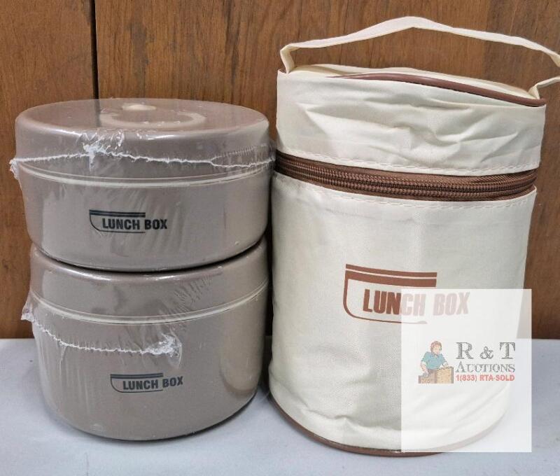 2-Tier Round Insulated Plastic Lunch Box Set with Carrying Bag, Beige, 6.5" Diameter, 48oz Capacity