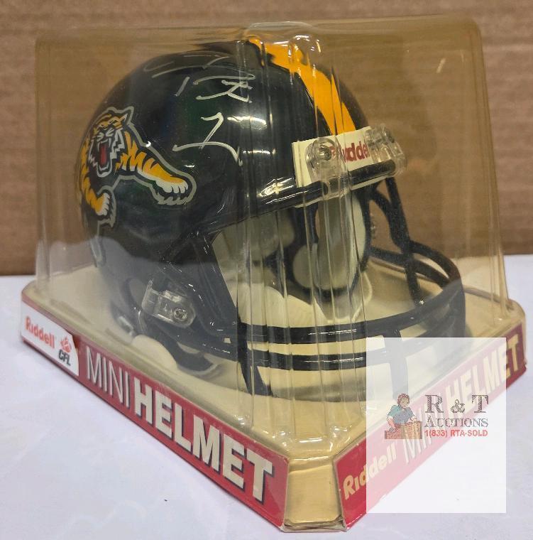Autographed Hamilton Tiger-Cats CFL Riddell Mini Helmet, Original Display Case, Barcode 09585553272