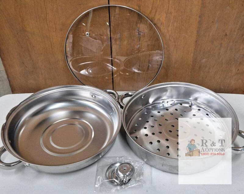 15" Stainless Steel Multi-Tier Steamer Pot Set with Glass Lid and Perforated Basket