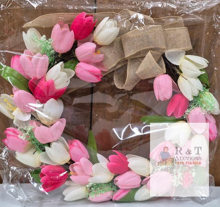 NEW Artificial Tulip Grapevine Wreath, Pink & White, 17-Inch with Burlap Bow, Spring Decor