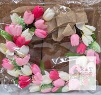NEW Artificial Tulip Grapevine Wreath, Pink & White, 17-Inch with Burlap Bow, Spring Decor