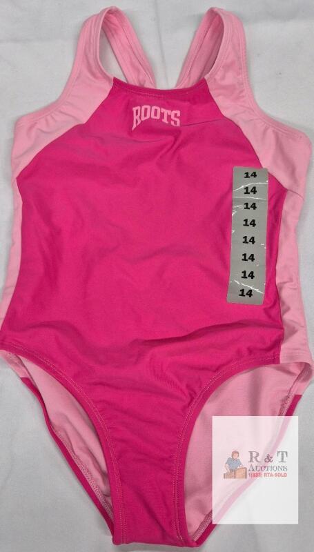 NEW Roots Girls One-Piece Swimsuit Size 14, Pink, Racerback, Recycled Polyester, CA 62368