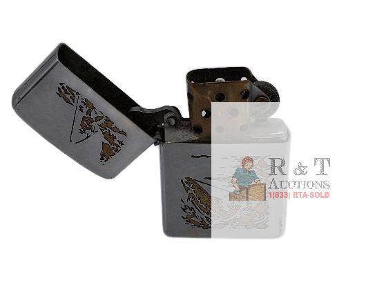 Vintage Zippo 1950 Canada Chrome Lighter Fishing Scene Angler Art, Niagara Falls, Brass Case