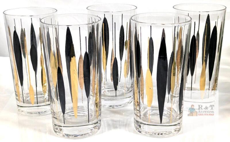 Mid-Century Modern Black & Gold Leaf Highball Glasses Set of 5, 12-14oz, 1950s Atomic Style