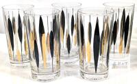 Mid-Century Modern Black & Gold Leaf Highball Glasses Set of 5, 12-14oz, 1950s Atomic Style
