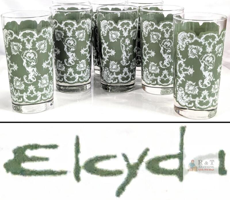 Elcyda 8-Piece Green & White Baroque Cherub 5.1" Glass Tumblers, Signed Vintage Set