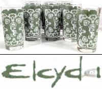 Elcyda 8-Piece Green & White Baroque Cherub 5.1" Glass Tumblers, Signed Vintage Set