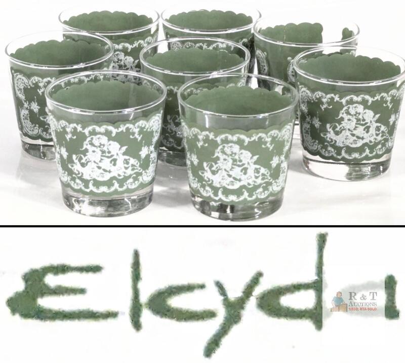 Elcyda Set of 8 Green Cherub Scroll Old Fashioned Glasses, 3.25" Tall, Vintage Barware