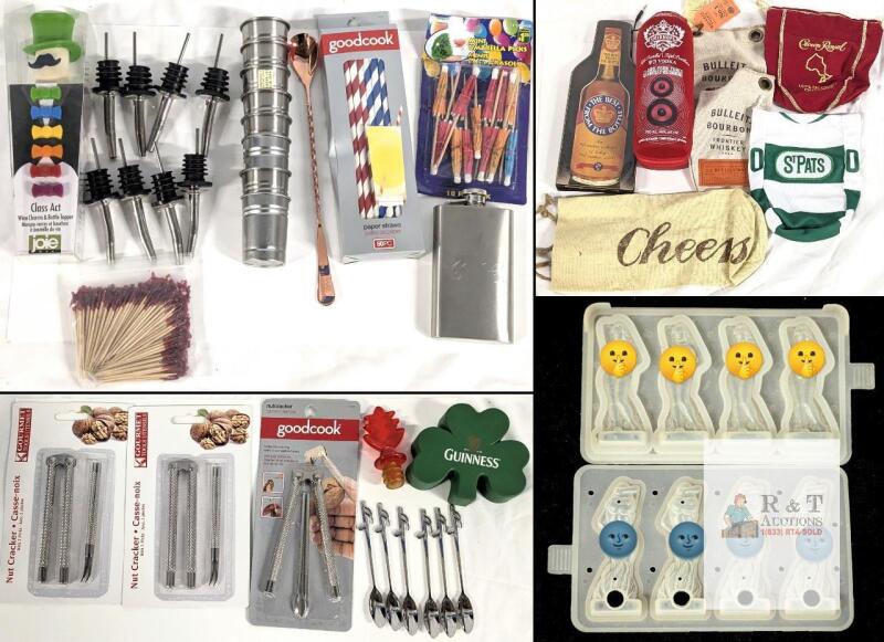 Large Barware & Cocktail Accessory Lot: Joie, GoodCook, Nutcrackers, Flask, Branded Bags, Ice Mold