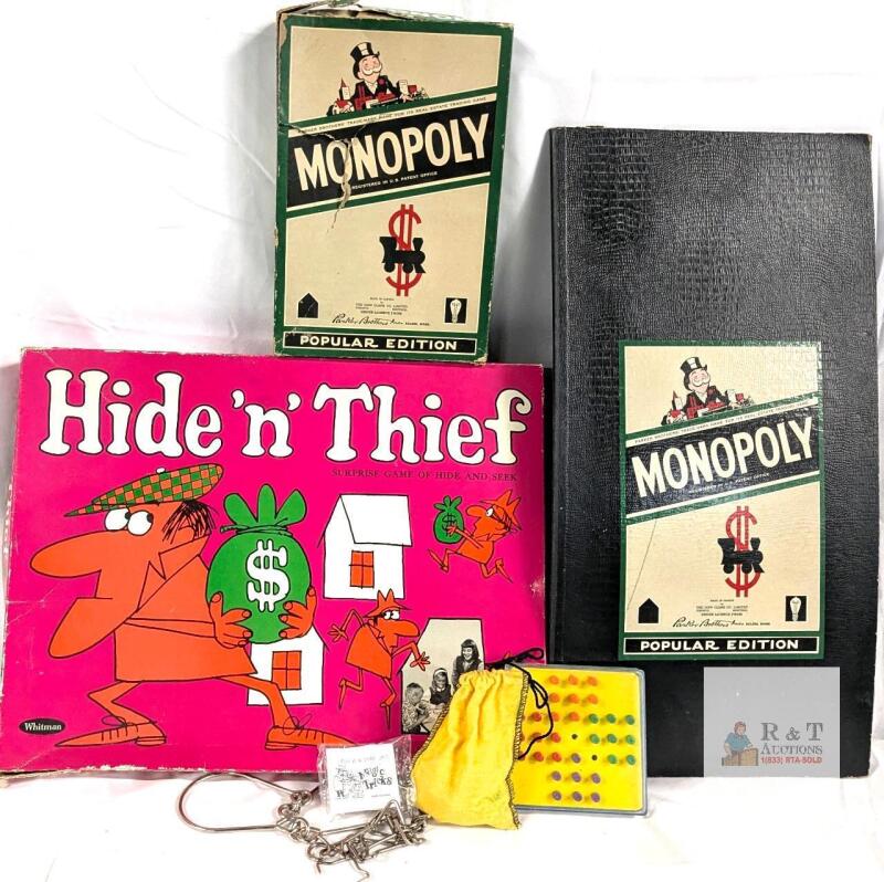 Vintage Monopoly Popular Edition & Hide 'n' Thief Board Games, Puzzles, Marbles Lot Parker Bros Whitman