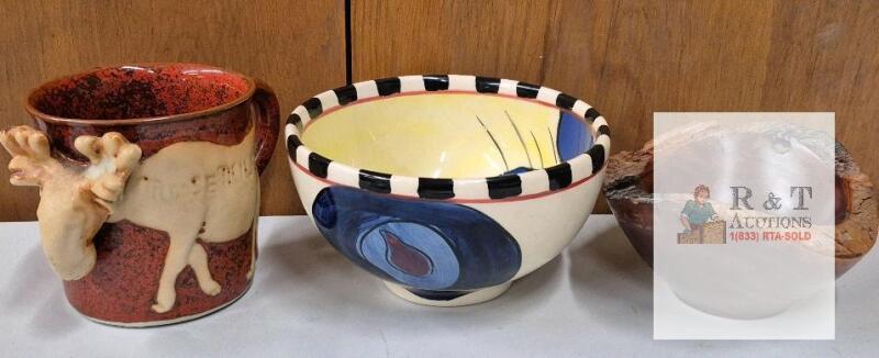 Figural Japan Animal Mug, Hand-Painted Cat Bowl (7.5"), Red Gum Italy Rustic Wooden Bowl Lot