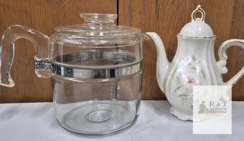 Pyrex 8-Cup Glass Percolator Flameware 7759 & Winrose Floral Porcelain Coffee/Tea Pot USA