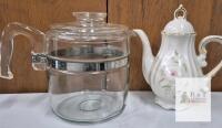 Pyrex 8-Cup Glass Percolator Flameware 7759 & Winrose Floral Porcelain Coffee/Tea Pot USA