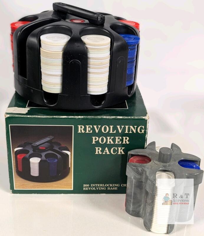 200 Piece Revolving Poker Chip Rack Set &ndash; Black Plastic, Red/White/Blue Chips, Boxed, Handle