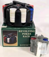 200 Piece Revolving Poker Chip Rack Set &ndash; Black Plastic, Red/White/Blue Chips, Boxed, Handle