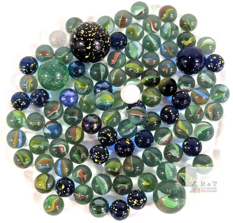Large Assorted Lot of Glass Marbles &ndash; 65+, Shooters & Standard, Color Swirls, Speckled Patterns