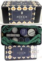 Texas Hold'em Poker Set in Tin Case &ndash; Chips, Cards, Dealer & Blind Buttons, Felt Mat Included