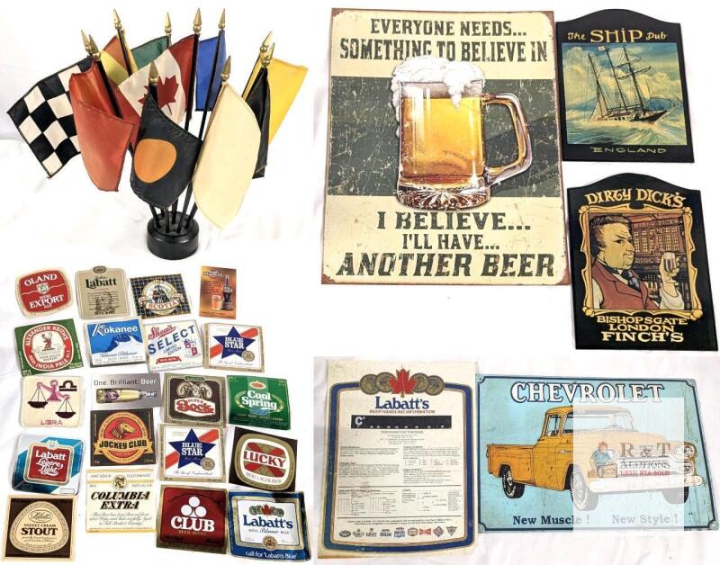Vintage Pub Wall Signs Lot, Beer Coasters, Chevrolet Truck & Tabletop Flags Bar Decor Collection