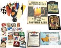 Vintage Pub Wall Signs Lot, Beer Coasters, Chevrolet Truck & Tabletop Flags Bar Decor Collection