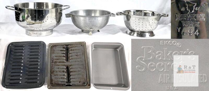 Revere Ware Stainless Colander Yd94, 5 Qt, EKCO Baker&rsquo;s Secret Air Insulated Pan, 3 Colanders, 3 Pans
