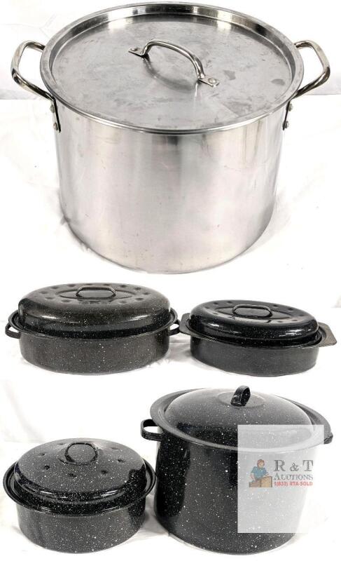 Large Stainless Steel Stockpot & Graniteware Roaster Set, 5 Pieces, up to 20 Qt, Lids Included