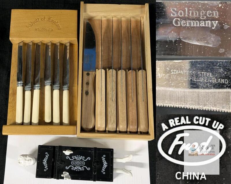 Vintage Sheffield & Solingen Steak Knife Sets with Wooden Trays, Fred "A Real Cut Up" Knife Sharpener
