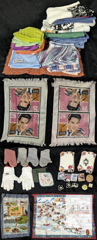 Lot of vintage and novelty kitchen linens, Elvis Presley 29&cent; Stamp Towel Set, Sunhome Land's End Cornwall & Sicilia Map Tea Towels Lot