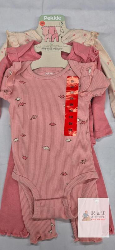 NEWPekkle 5-Piece Baby Girls Clothing Set, Size 9M, Organically Grown Cotton, Floral & Dino Prints