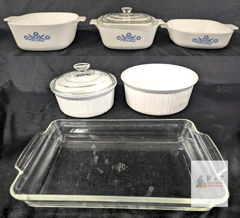 Vintage Corning Ware Cornflower Blue Casserole Set & Pyrex 2331 Baking Dish, Canada, 6pc+2 Lids
