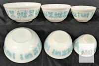 Pyrex Butterprint Turquoise on White Mixing Bowl Set, 3-Piece, Models 401 402 403, Vintage USA