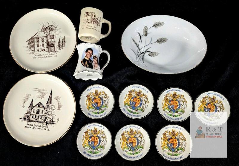 Mixed Lot Royal Silver Jubilee, Canadian, & Golden Grain China, Wood & Sons, 22K Gold, 12 Pieces