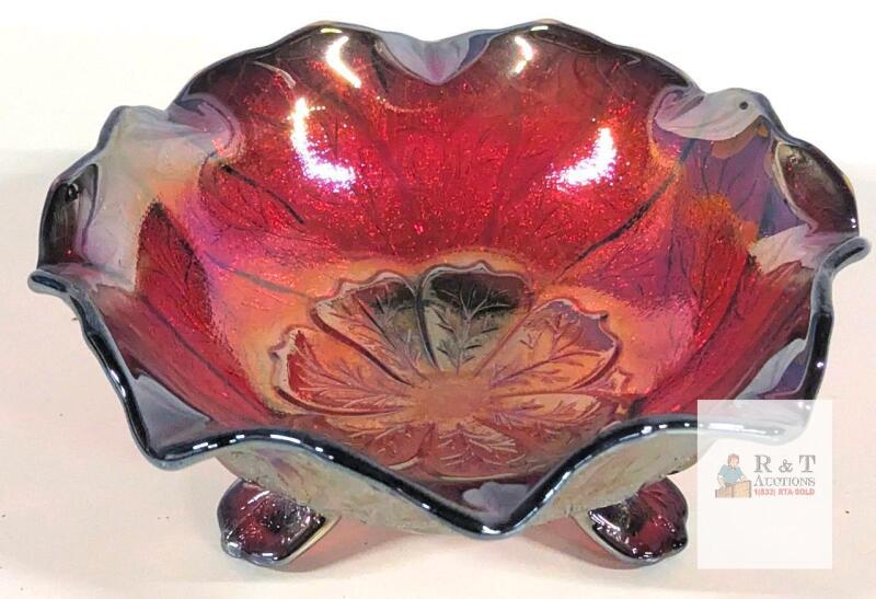 Carnival Glass Footed Bowl, Marigold Iridescent, Leaf Pattern, 7.5" Diameter, Ruffled Rim