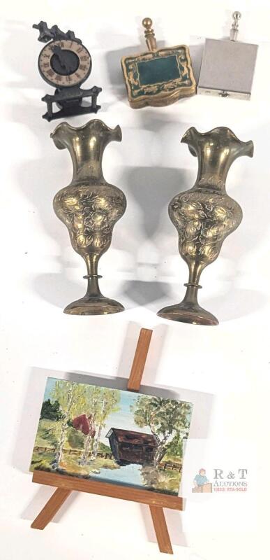 Vintage Miniature Collectibles Lot: Brass Vases, Painting on Easel, Snuff Boxes, Cast Miniatures
