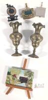 Vintage Miniature Collectibles Lot: Brass Vases, Painting on Easel, Snuff Boxes, Cast Miniatures