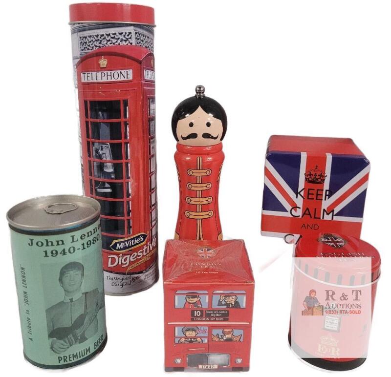 British Collectibles : Telephone Booth, John Lennon Beer, London Bus Tea, Post Box Tins, Royal Guard