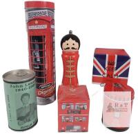 British Collectibles : Telephone Booth, John Lennon Beer, London Bus Tea, Post Box Tins, Royal Guard