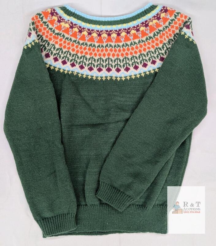 NEW Fair Isle Knit Sweater, Multicolor Yoke, Green Pullover, Crew Neck, Adult Medium, Long Sleeve
