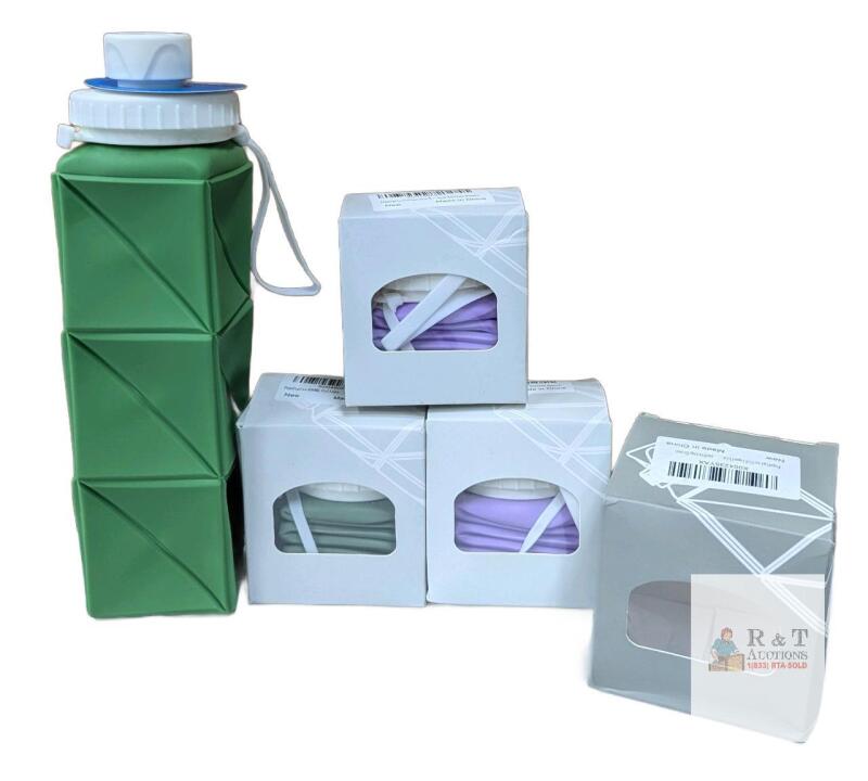 WOW 4 NEW Collapsible Silicone Water Bottle 610ml, Food-Grade, Portable, Leakproof, Green & Purple, New